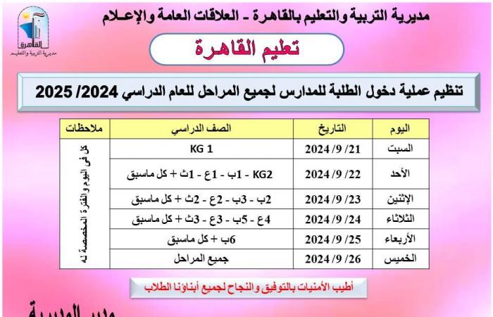 عاجل.. التعليم تعلن جدول دخول الطلاب مدارس القاهرة