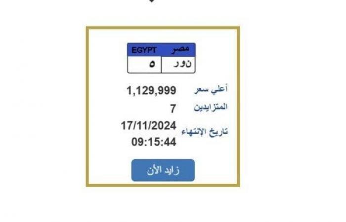 بـ «مليون و 130 ألف» حتى الآن.. مزاد على لوحة سيارة ينتهي اليوم |تفاصيل